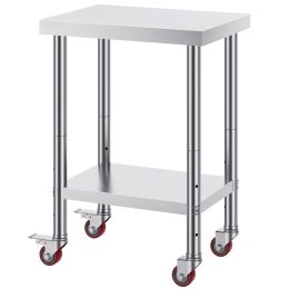Stainless Steel Work Table 24 x 18 x 34 Inch, 700 LBS Load Capacity with 4 Wheels, 3 Adjustable Height Levels