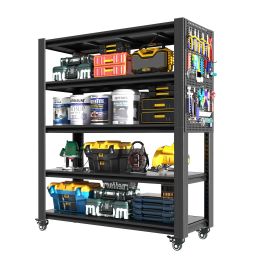 72"H 5 Tier Adjustable Shelving with Pegboard and Wheel, Heavy Duty Storage Shelves, Metal Shelving Unit Multipurpose Shelf for Warehouses, Garag