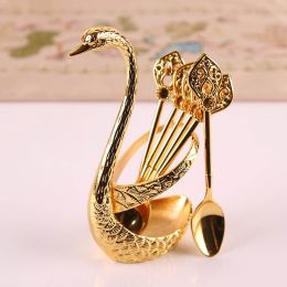 Coffee Spoon Holder For Coffee Bar; 1set Coffee Dessert Spoon Set; Fruit Cake Coffee Tea Spoon; Swan Shaped Base Holder Cutlery Set; Zinc Alloy M (Color: Golden, size: Spoon)