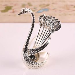 Coffee Spoon Holder For Coffee Bar; 1set Coffee Dessert Spoon Set; Fruit Cake Coffee Tea Spoon; Swan Shaped Base Holder Cutlery Set; Zinc Alloy M (Color: Silvery, size: Spoon)