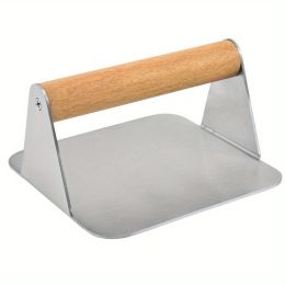 1pc; Burger Press; 304 Stainless Steel Meat Press; Round Or Square Burger Smasher; Grill Press Perfect For Kitchen Accessories; Home Kitchen Item (Material: Square Meat Press With Wooden Handle)