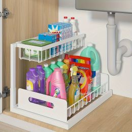 1/2pcs kitchen rack for sink organization and storage, under sink organization, sliding pull-out cabinet organization rack, metal sliding drawer (Color: white-1pc)